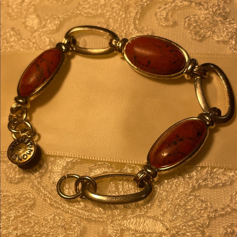 Monet Silver tone and Red Oval Cabachon Bracelet